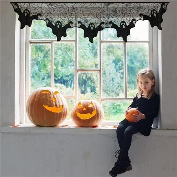 Halloween Decorations Indoor Fireplace Mantel Scarf, Black Lace Ghost Spiderweb - Picture 5 of 7